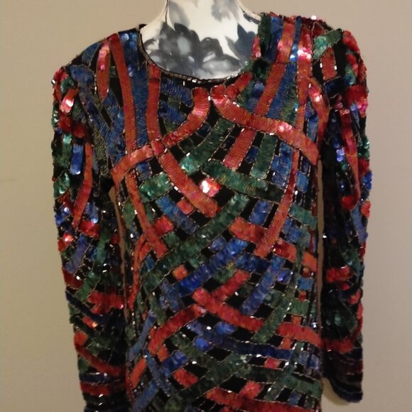 Lord & Taylor Vintage Sequin Top Blue, Red, Green, Silver, on Black silk, M - Picture 3 of 7